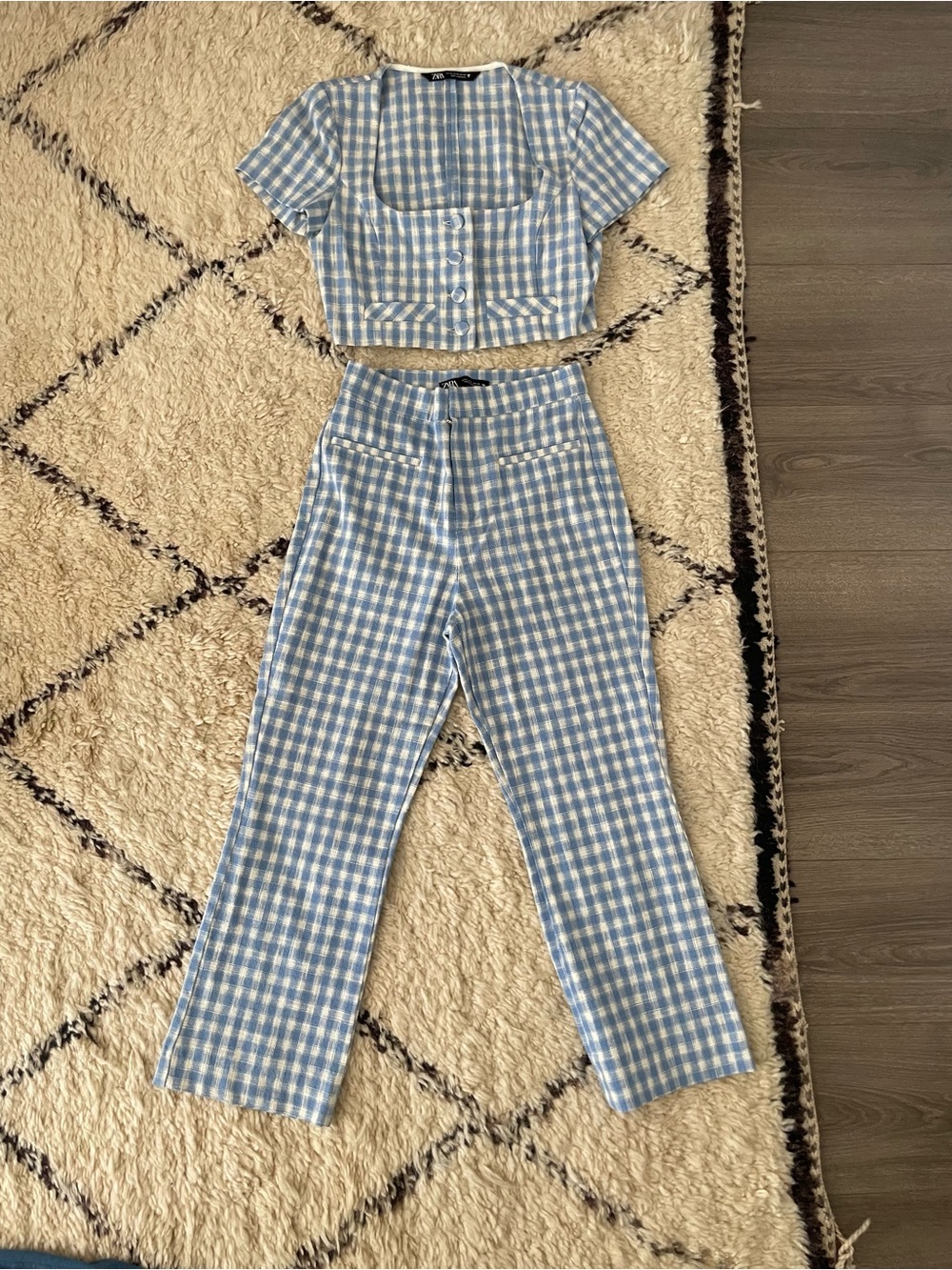 Zara Light Blue & White Gingham Straight-Leg Pants Set